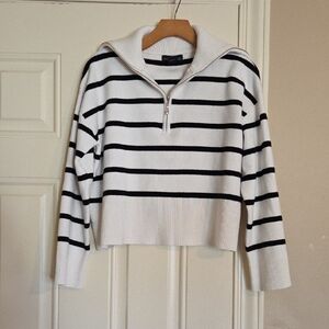 Cynthia Rowley White and Black Striped Half-Zip Sweater